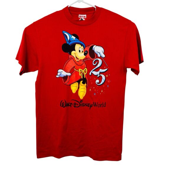 Walt Disney World 25th Anniversary T-Shirt Mickey Mouse Fantasia 1996 Sz L Red - Picture 1 of 6